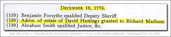 Administration of David Hastings Estate 1776 in VA