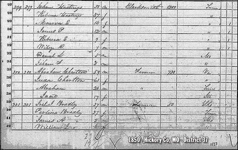 1850 Hickory Co, MO - Isham Bradley Hastings