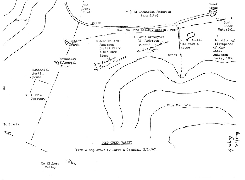 Hand drawn map of the Lost Creek area of southeastern White County, TN.
